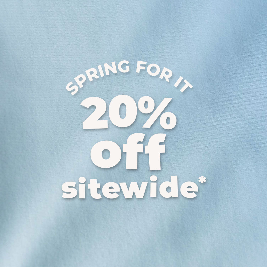 Promotional text 'Spring for it 20% off sitewide*' on a light blue background