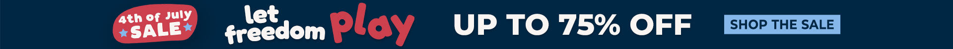 A promotional banner with a dark blue background featuring the text 'Let freedom Play UP TO 75% OFF' and a 'SHOP THE SALE' button.