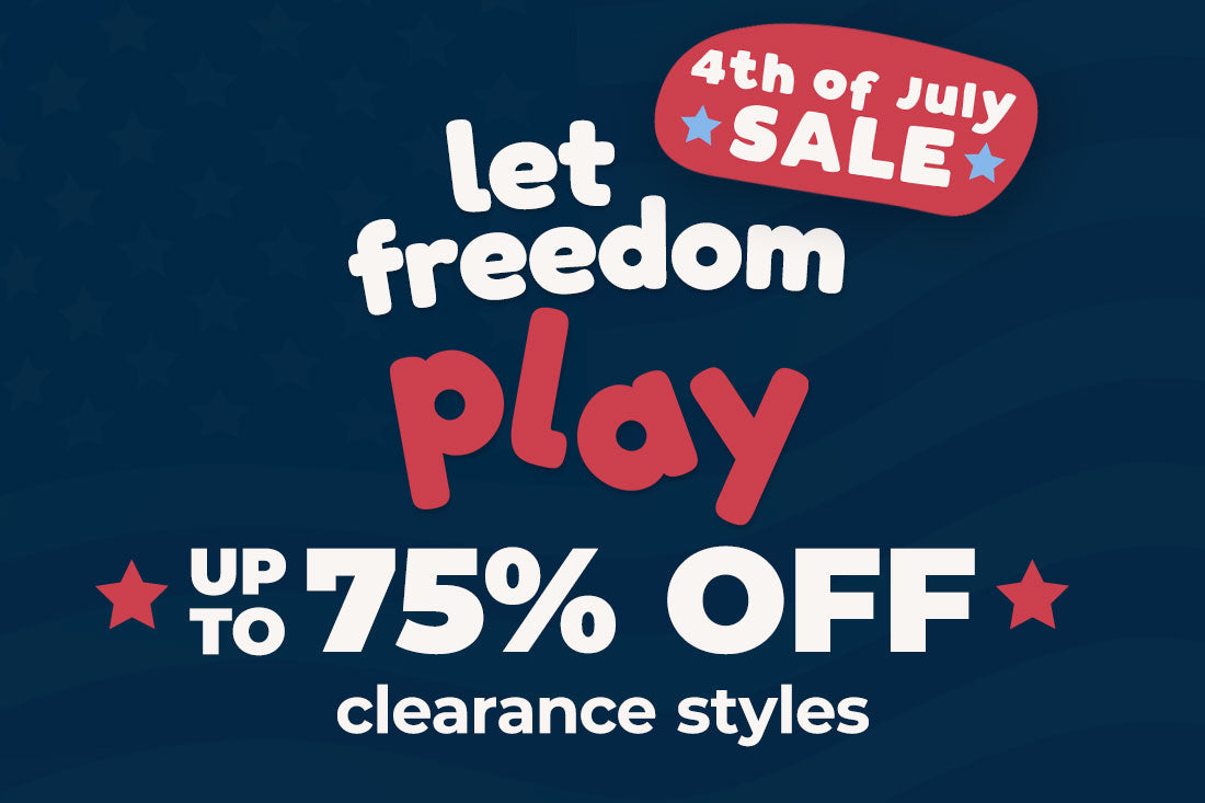 A promotional sale graphic on a dark blue background with the text 'let freedom play' in white and red, plus '4th of July SALE' and 'UP TO 75% OFF clearance styles'.
