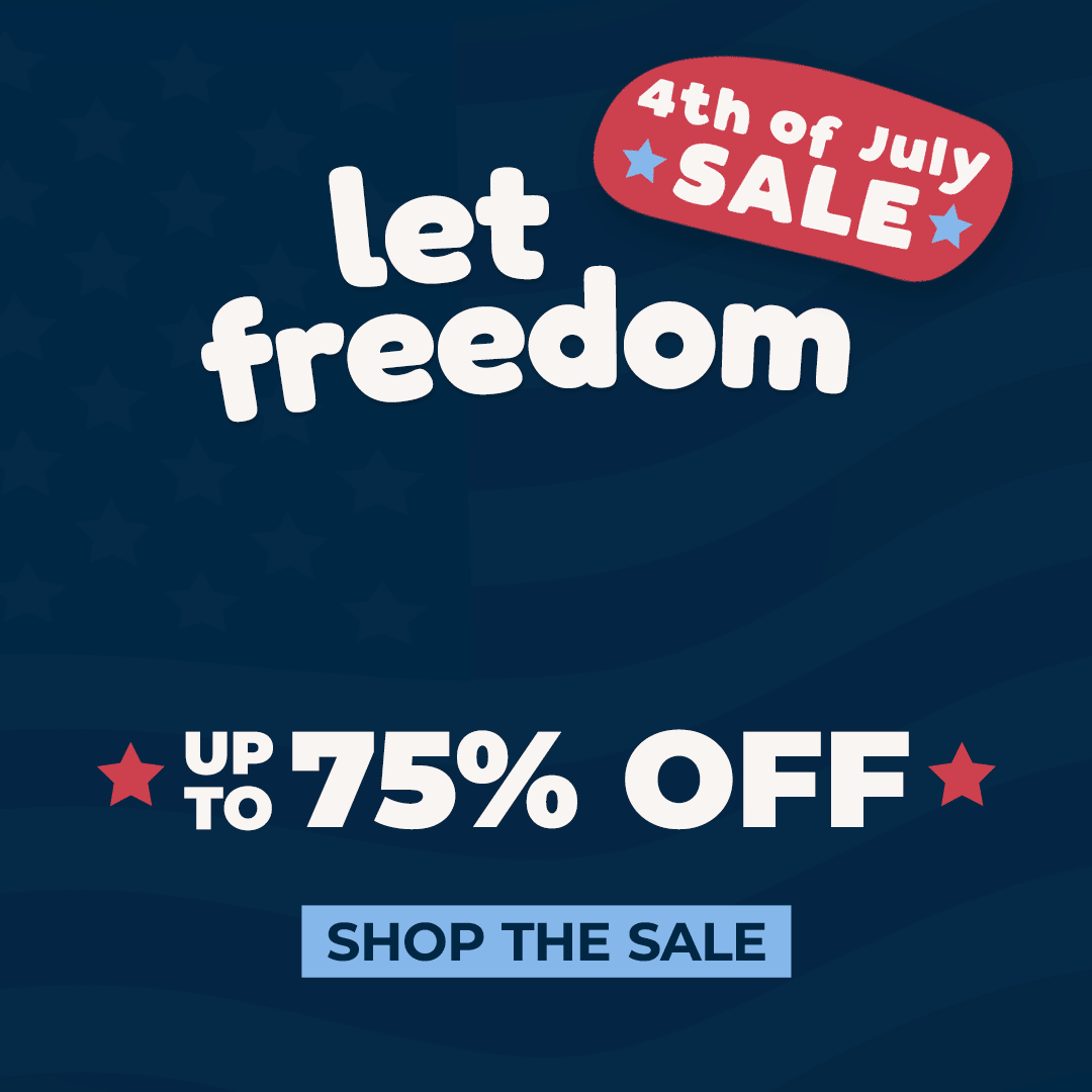 A promotional sale graphic on a dark blue background with the text 'let freedom play' in white and red, plus '4th of July SALE' and 'UP TO 75% OFF clearance styles'. Links to sale collection.