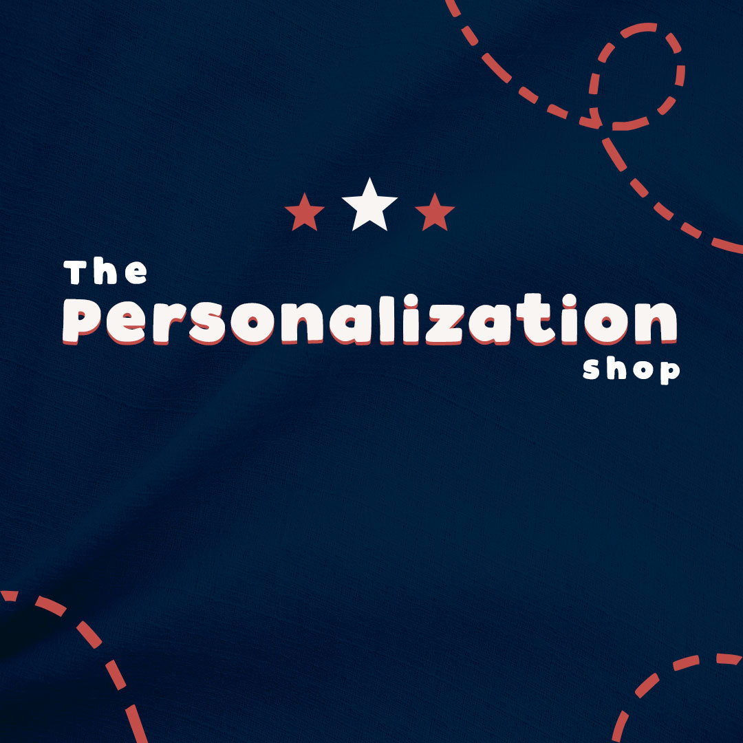 The Personalization Shop logo with stars and dashed lines on a dark blue background