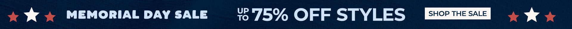 Memorial Day Sale banner with navy background indicating up to 75% off