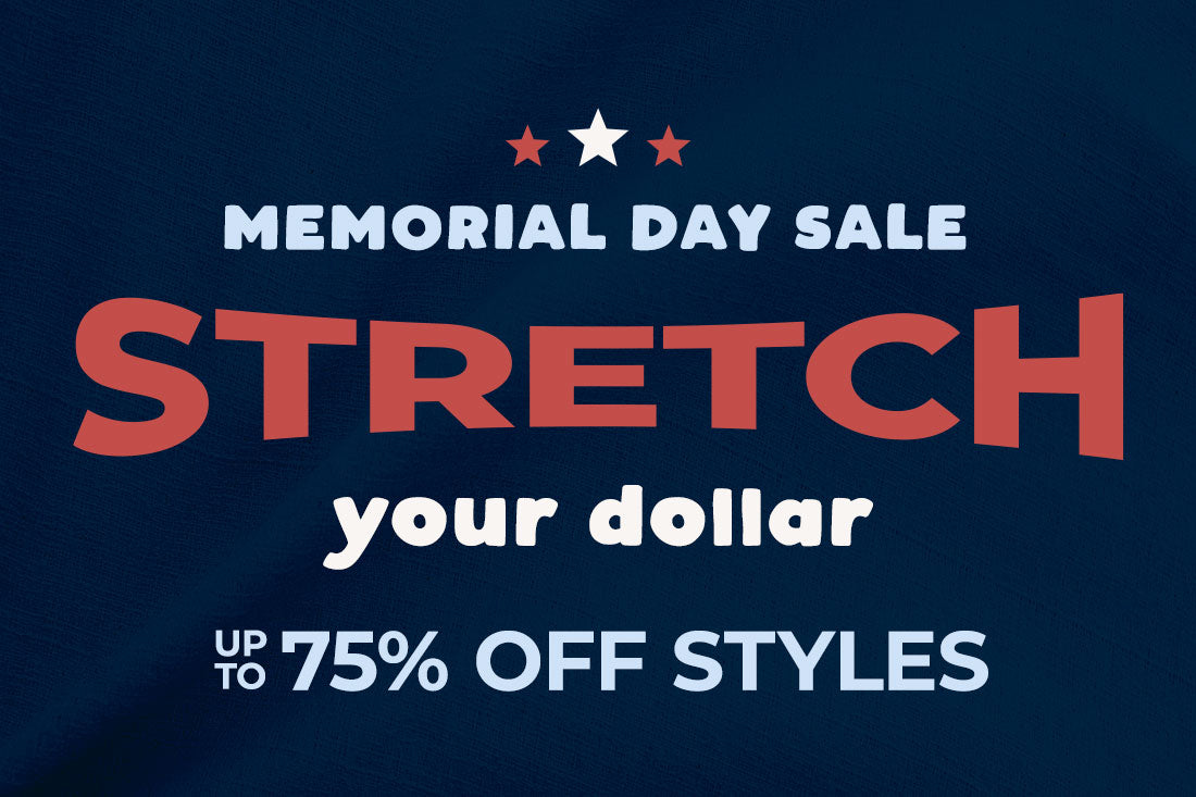 Memorial Day sale advertisement with text 'Stretch your dollar up to 75% off styles' on a dark blue background.