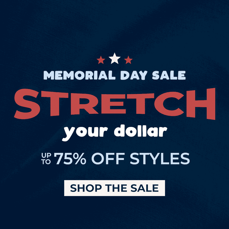 Memorial Day Sale with navy background - up to 75% off styles