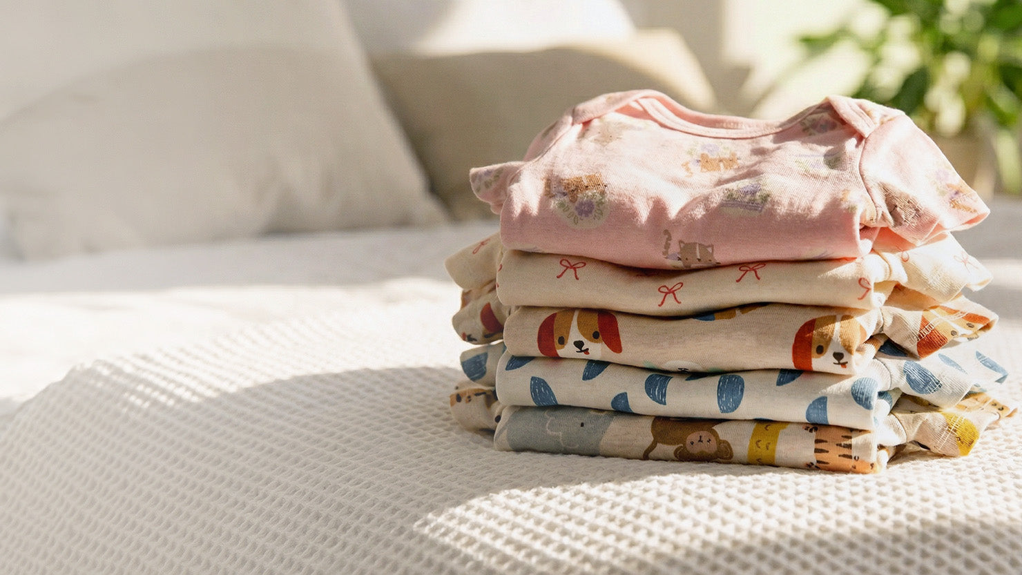 Stack of folded children's bodysuits on a textured surface with a blurred background