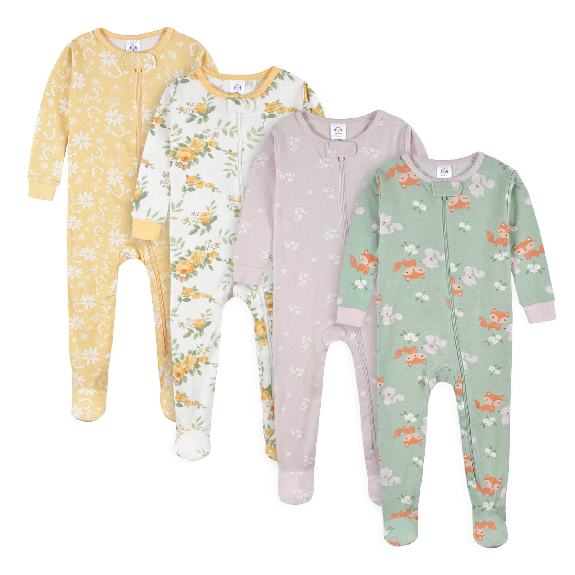 4-Pack Baby & Toddler Girls Roses & Fox Snug Fit Footed Cotton Pajamas Gerber® 