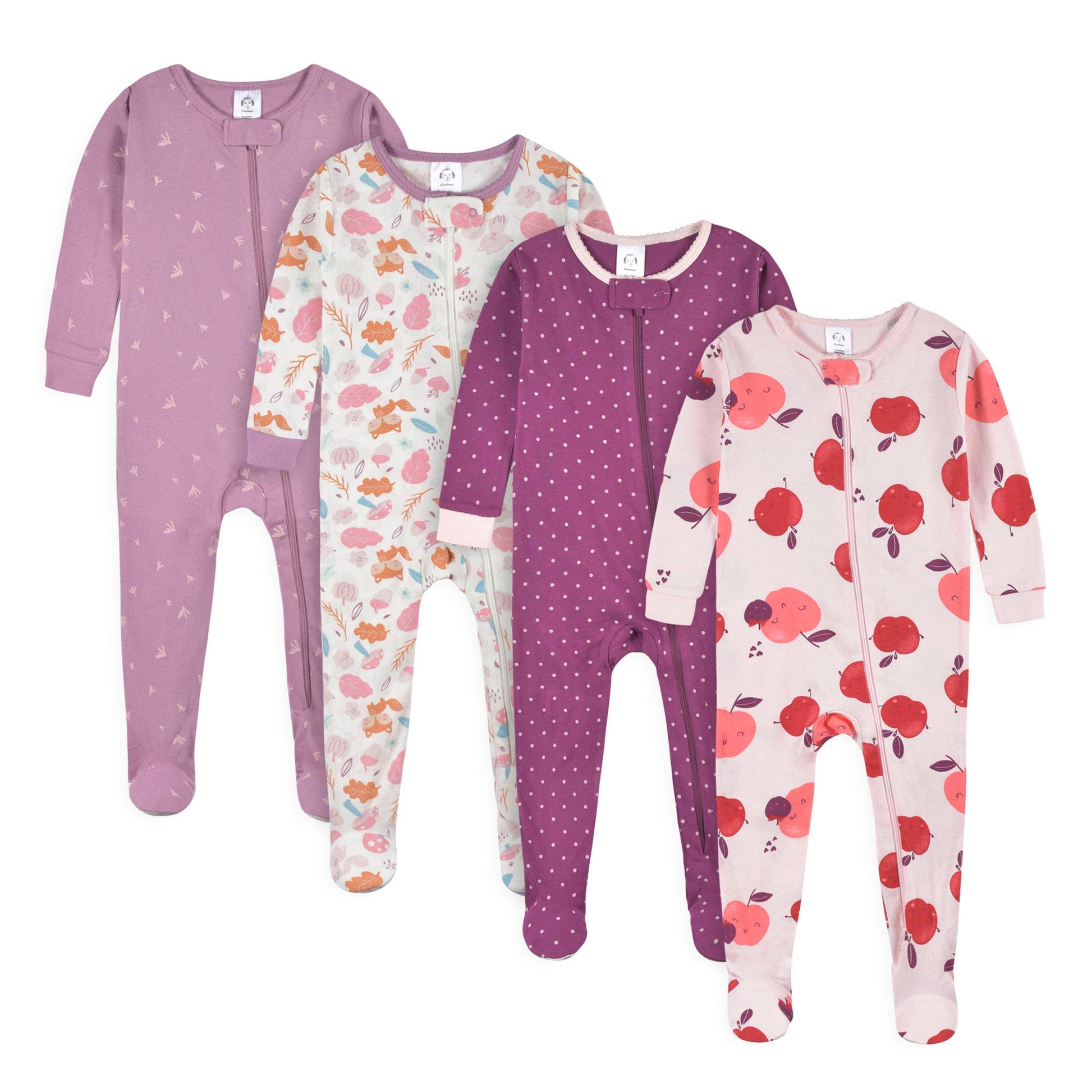 4-Pack Baby & Toddler Girls Apple & Woodland Floral Snug Fit Footed Cotton Pajamas Gerber® 