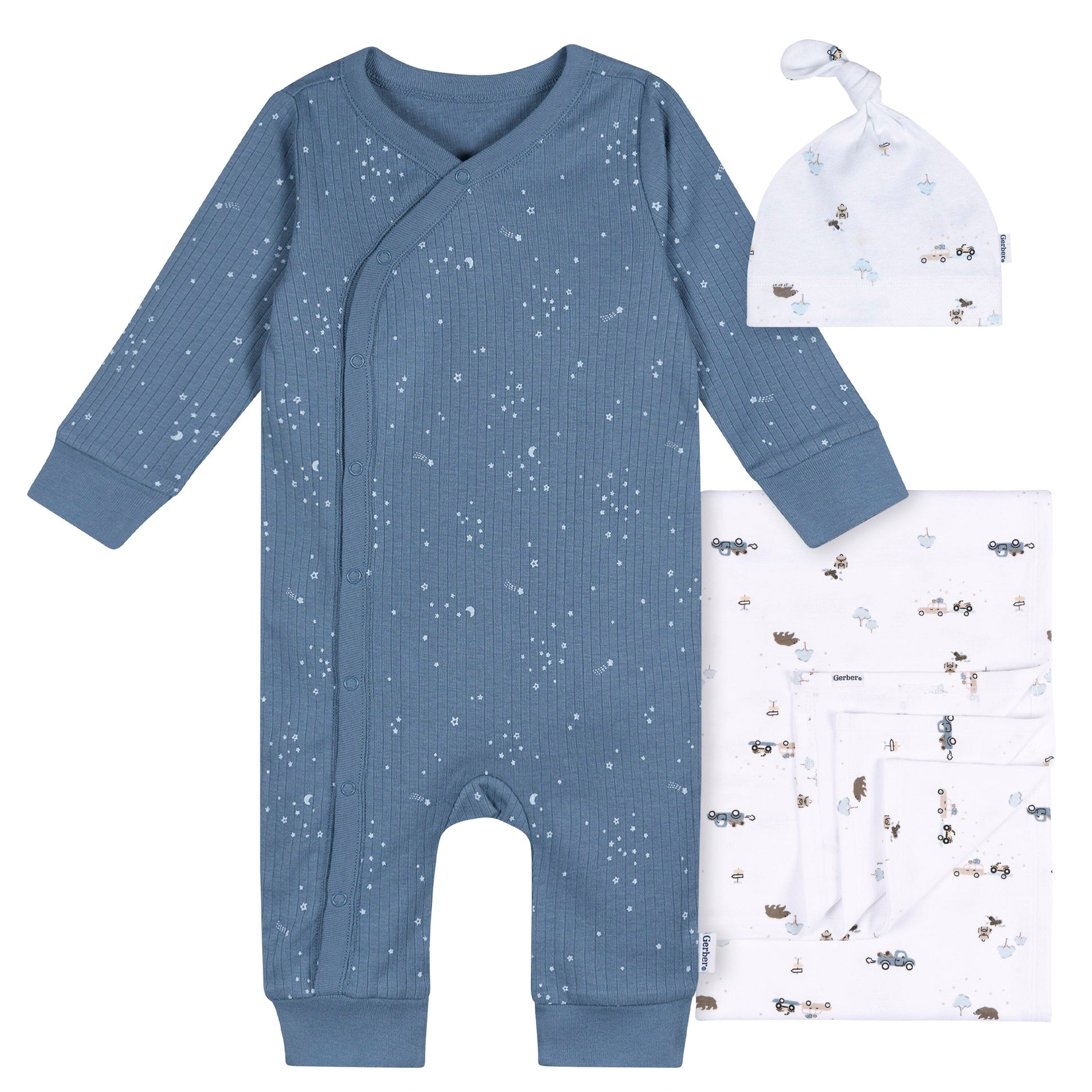 3-Piece Baby Boys Road Trip Footless Pajamas, Swaddle, and Cap Bundle sleepwear Gerber® 