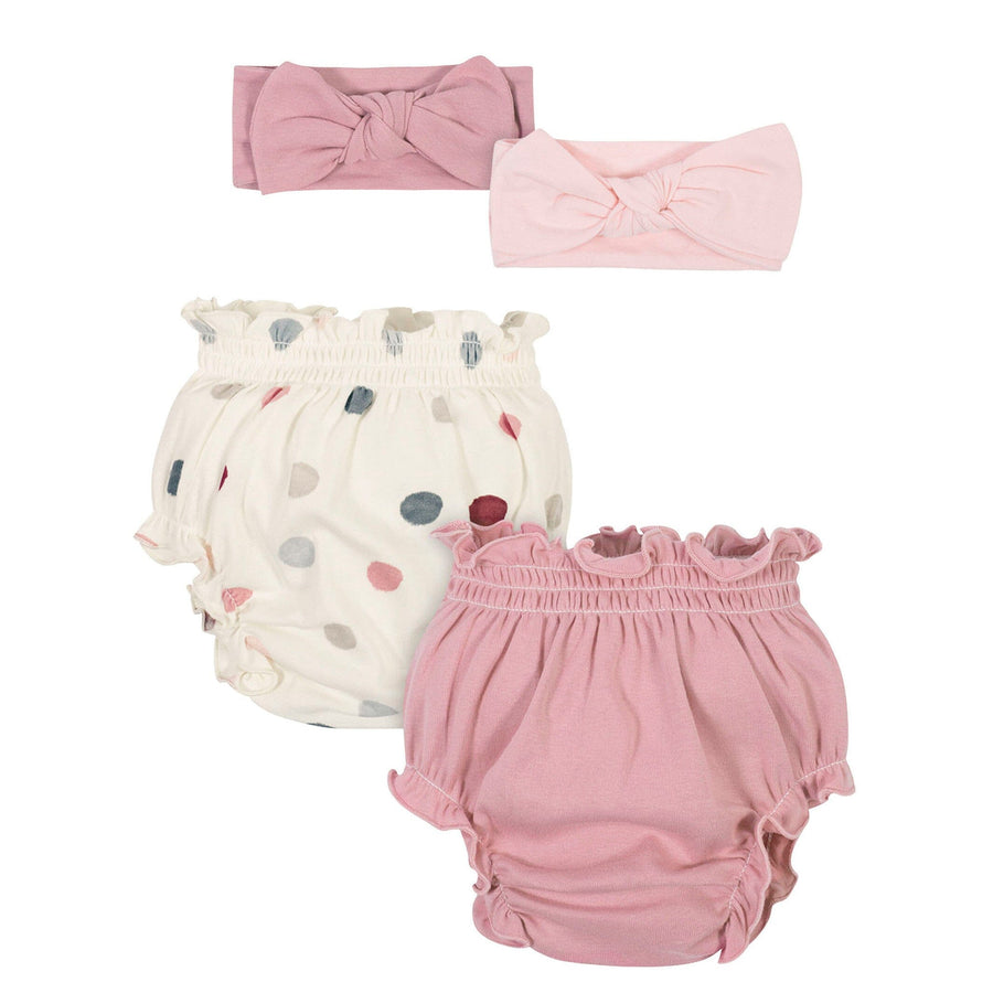 4-Piece Baby Girls Dark Pink/White Diaper Cover & Headband Set