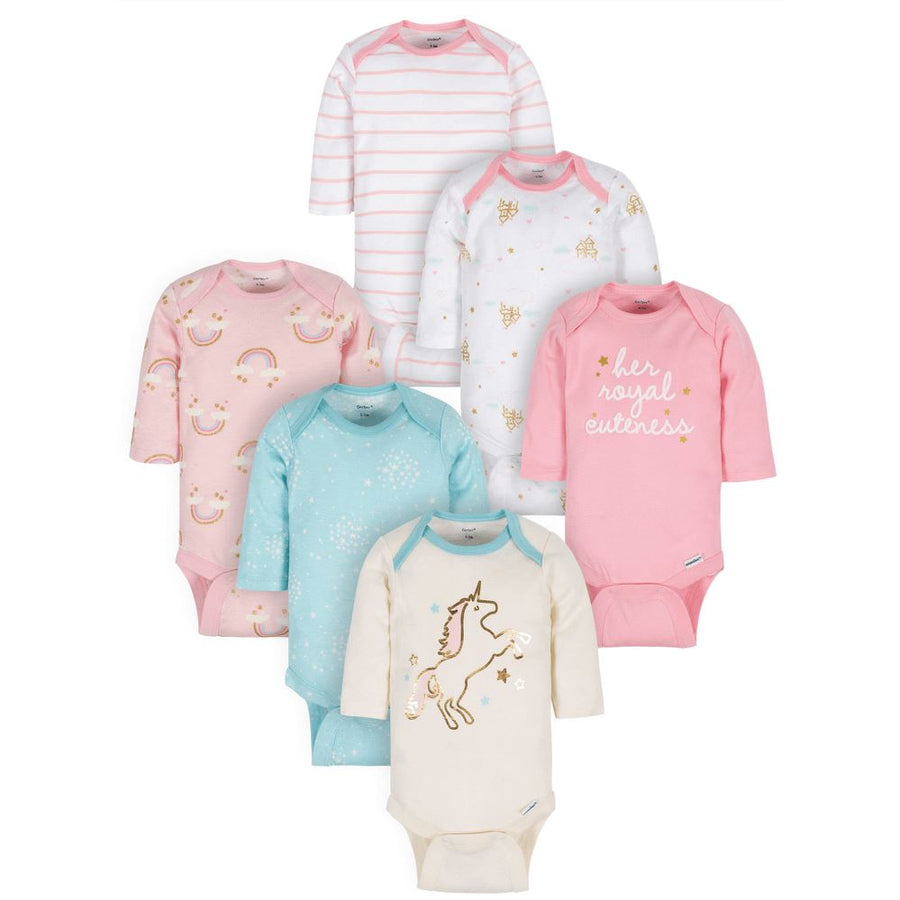 6-Pack Baby Girls Unicorn & Royalty Long Sleeve Onesies® Bodysuits-Gerber Childrenswear