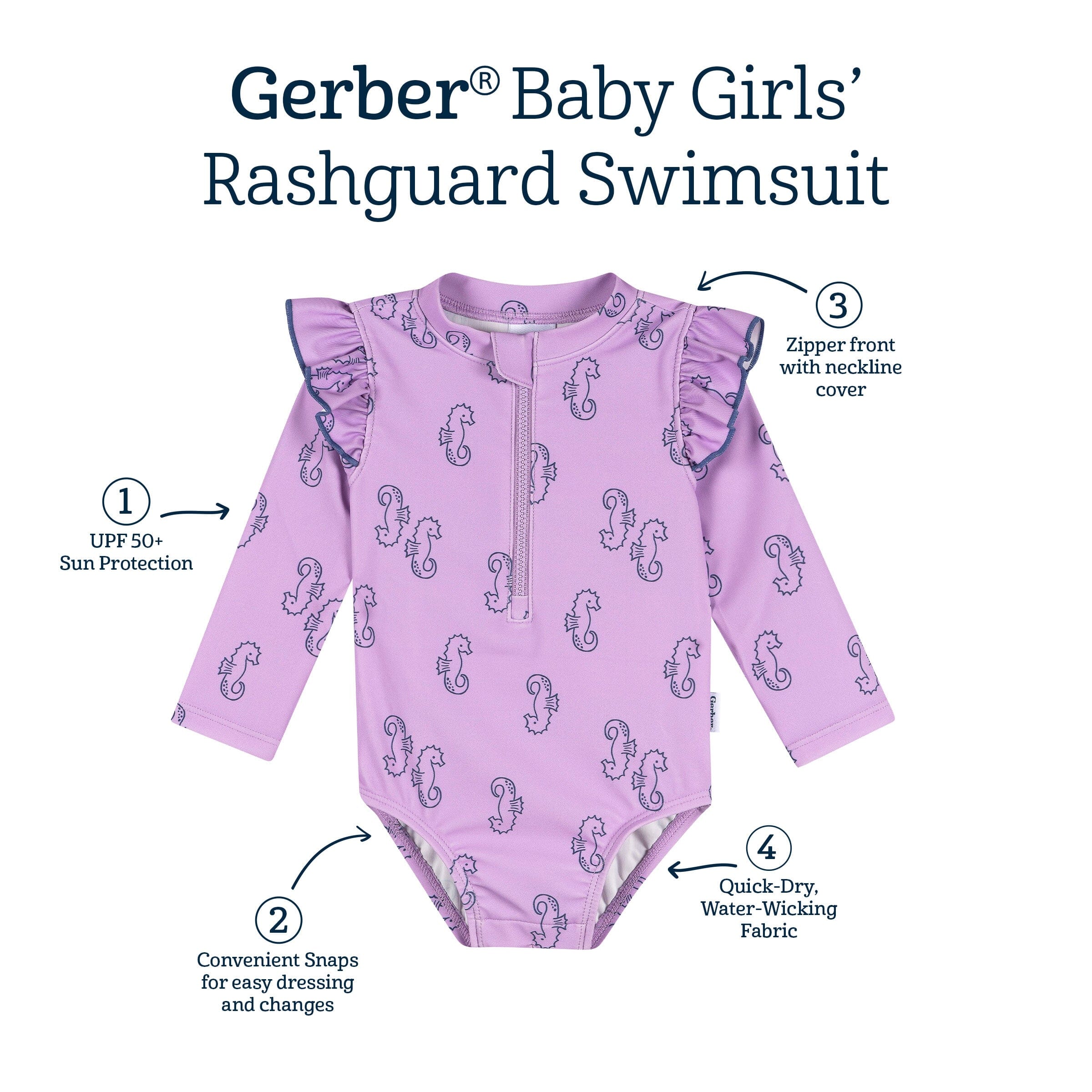 Baby Girls UPF 50+ Purple Seahorses Rash Guard swimwear Gerber® 