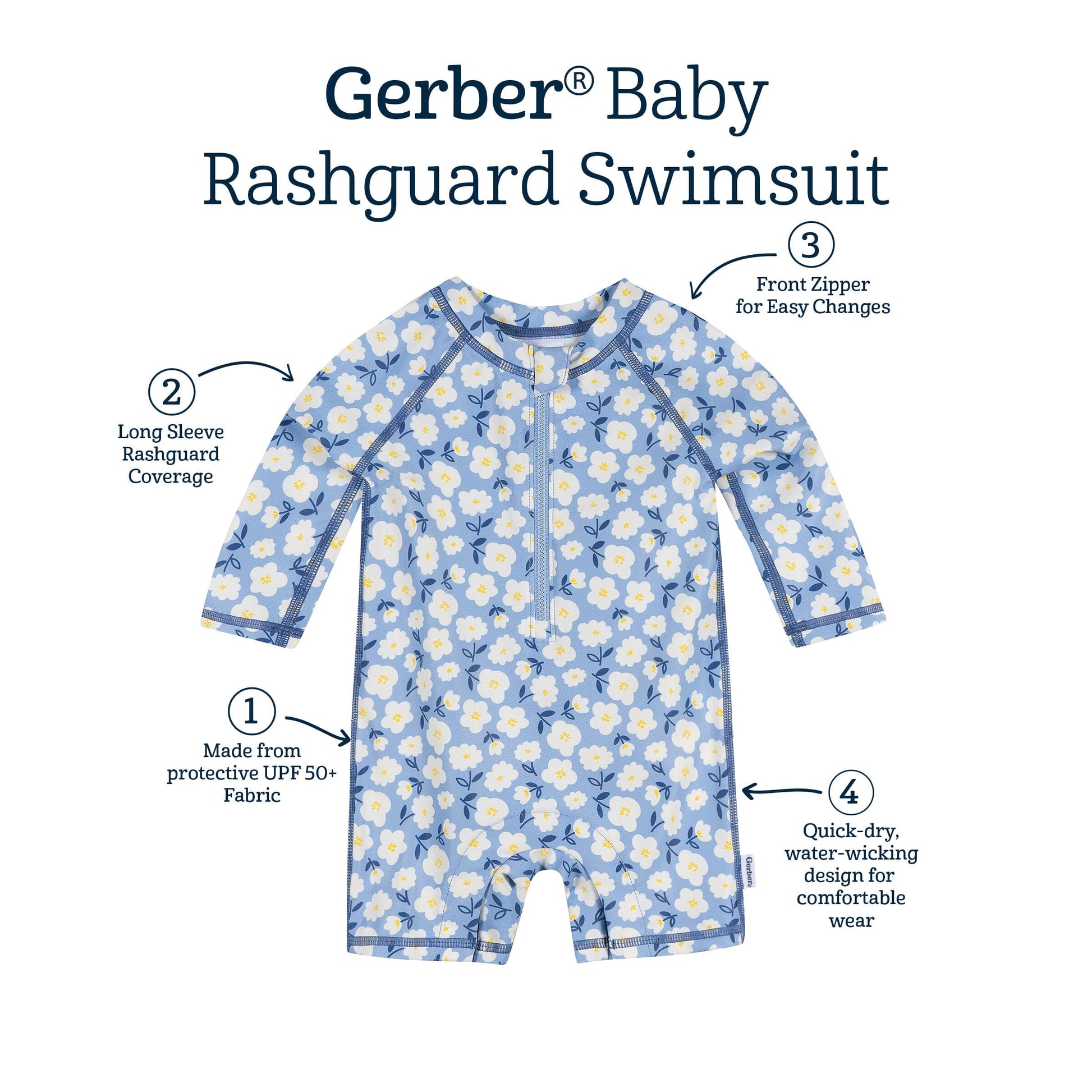 Baby Girls UPF 50+ Blue Daisies Long Sleeve Rash Guard swimwear Gerber® 