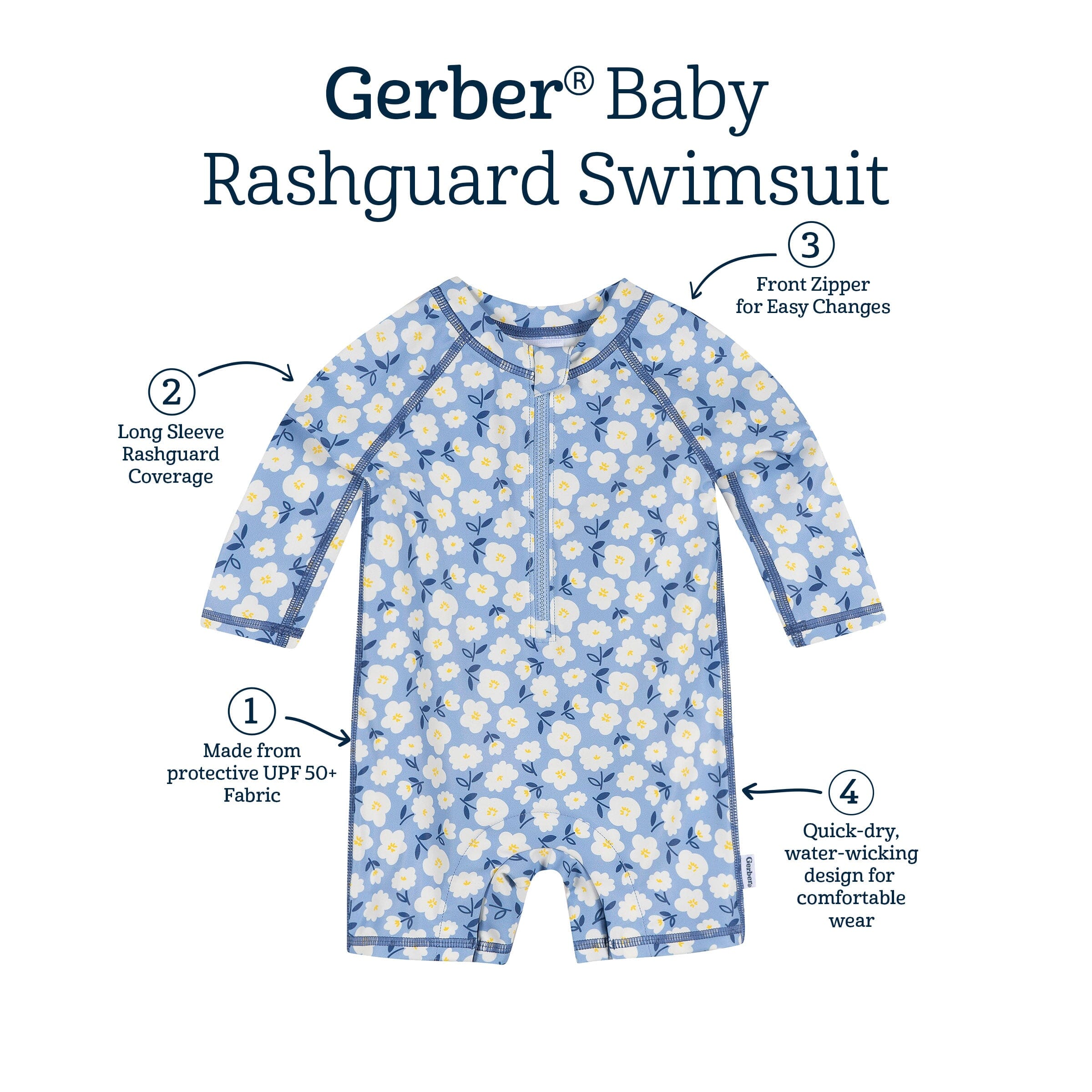 Baby Girls UPF 50+ Blue Daisies Long Sleeve Rash Guard swimwear Gerber® 