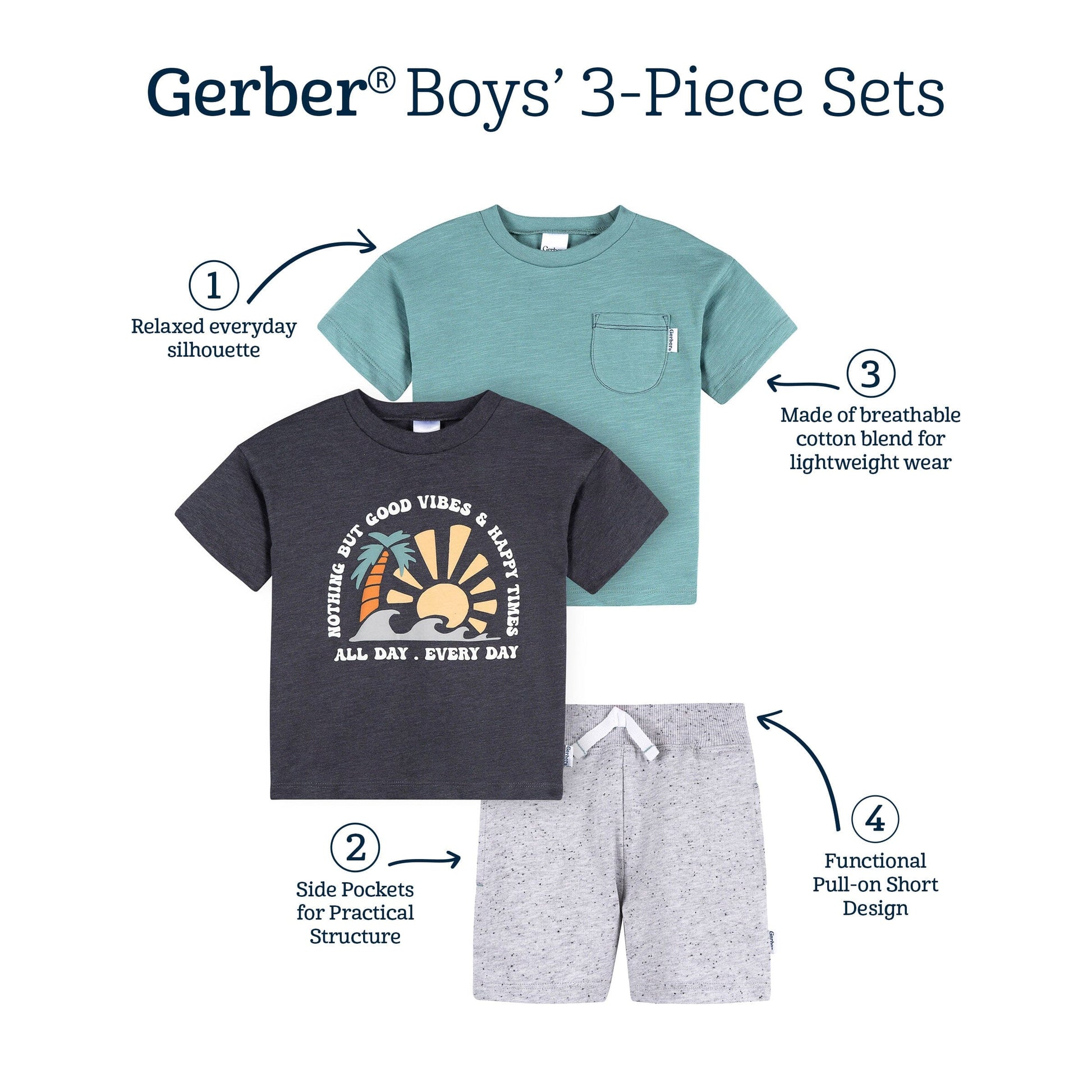 3-Piece Infant & Toddler Boys Good Vibes T-Shirts & Shorts outfits Gerber® 