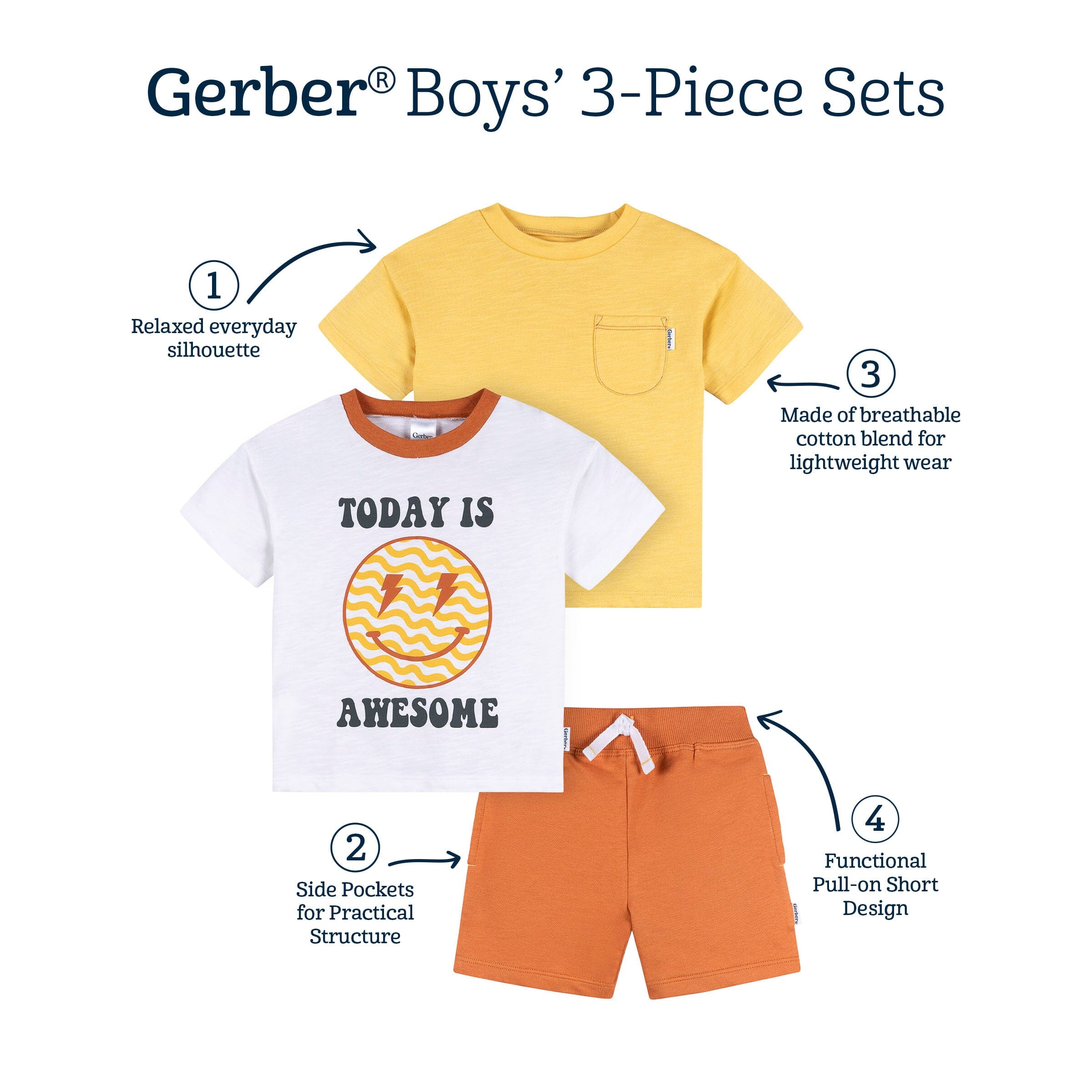 3-Piece Infant & Toddler Boys Awesome Yellow T-Shirts & Shorts outfits Gerber® 
