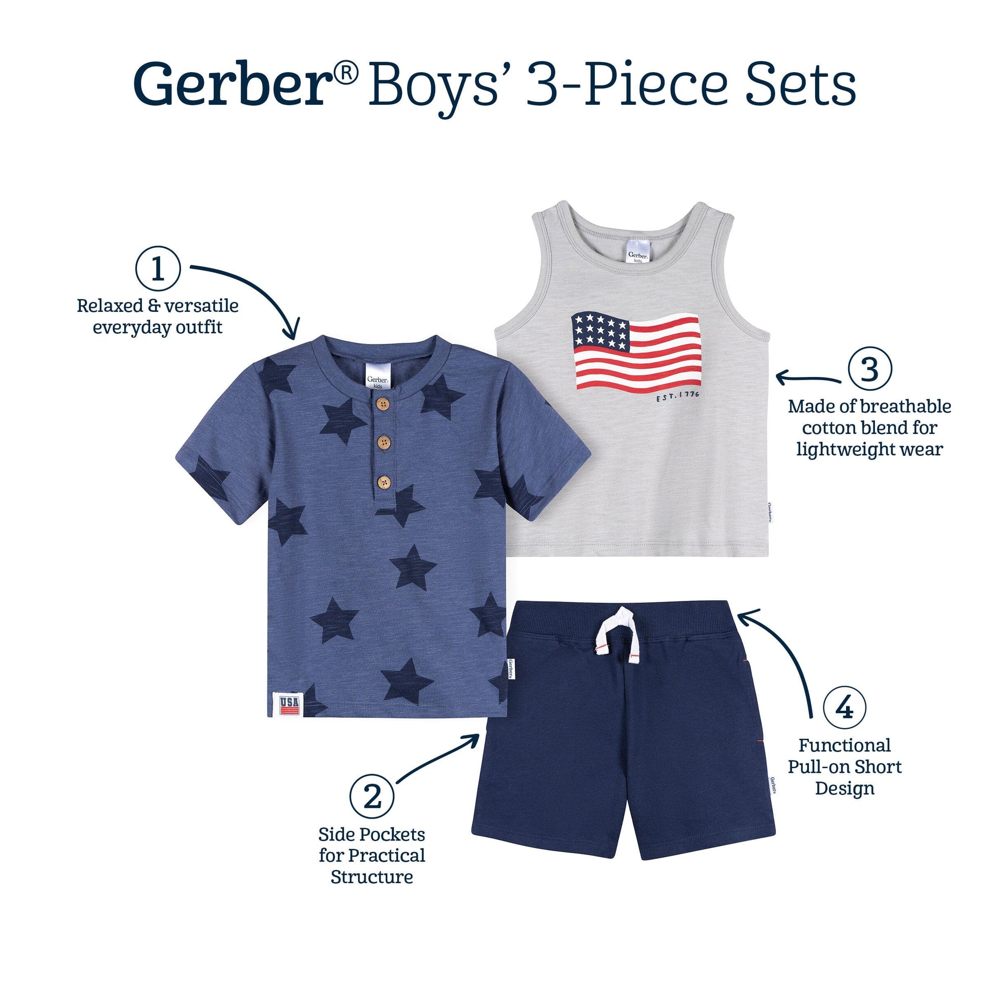 3-Piece Infant & Toddler Boys Stars & Stripes T-Shirts & Shorts outfits Gerber® 