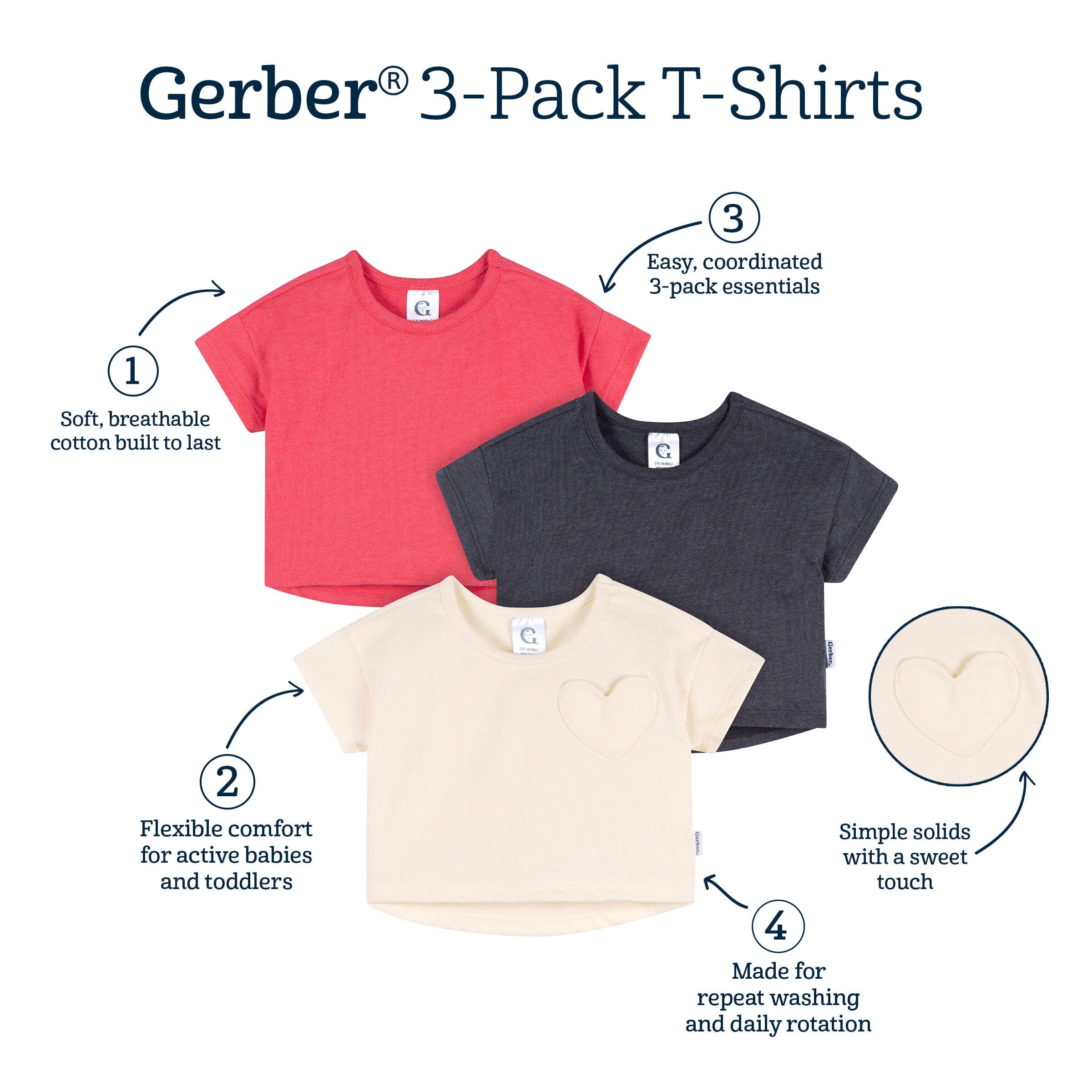 3-Pack Baby & Toddler Girls Ivory, Black, and Pink Short Sleeve Shirts tops Gerber® 