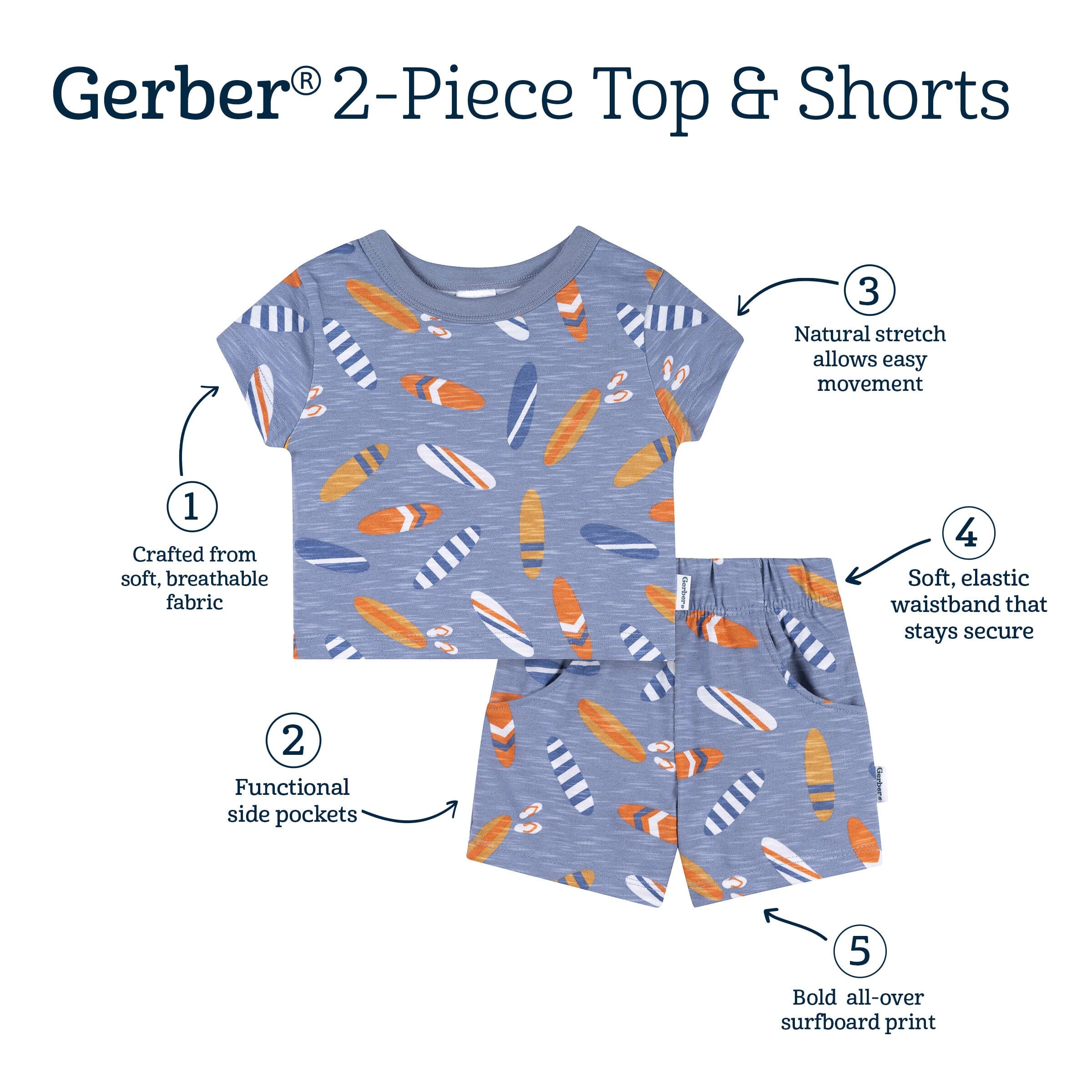 2-Piece Baby & Toddler Boys Blue Surfboard T-Shirt and Shorts Set outfits Gerber® 
