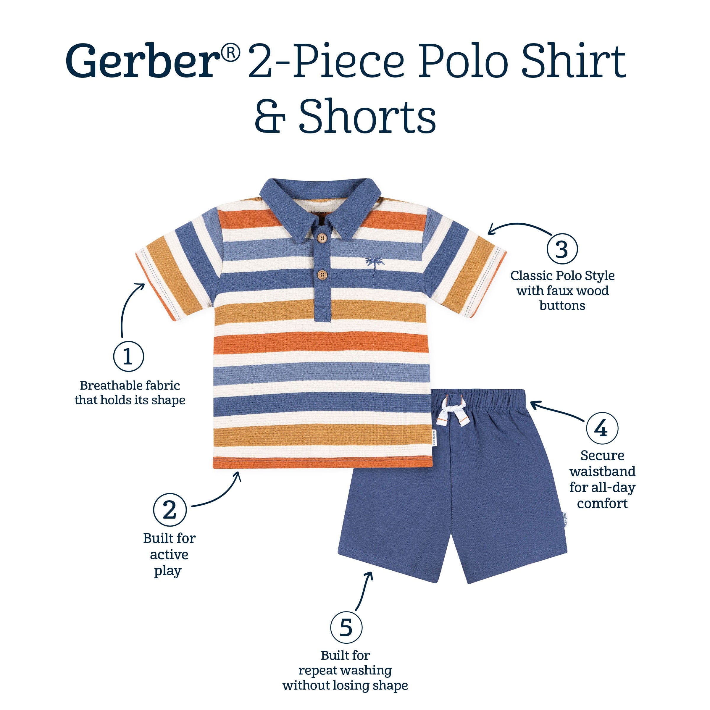 2-Piece Infant & Toddler Boys Brown & Blue Polo Shirt and Shorts Set outfits Gerber® 
