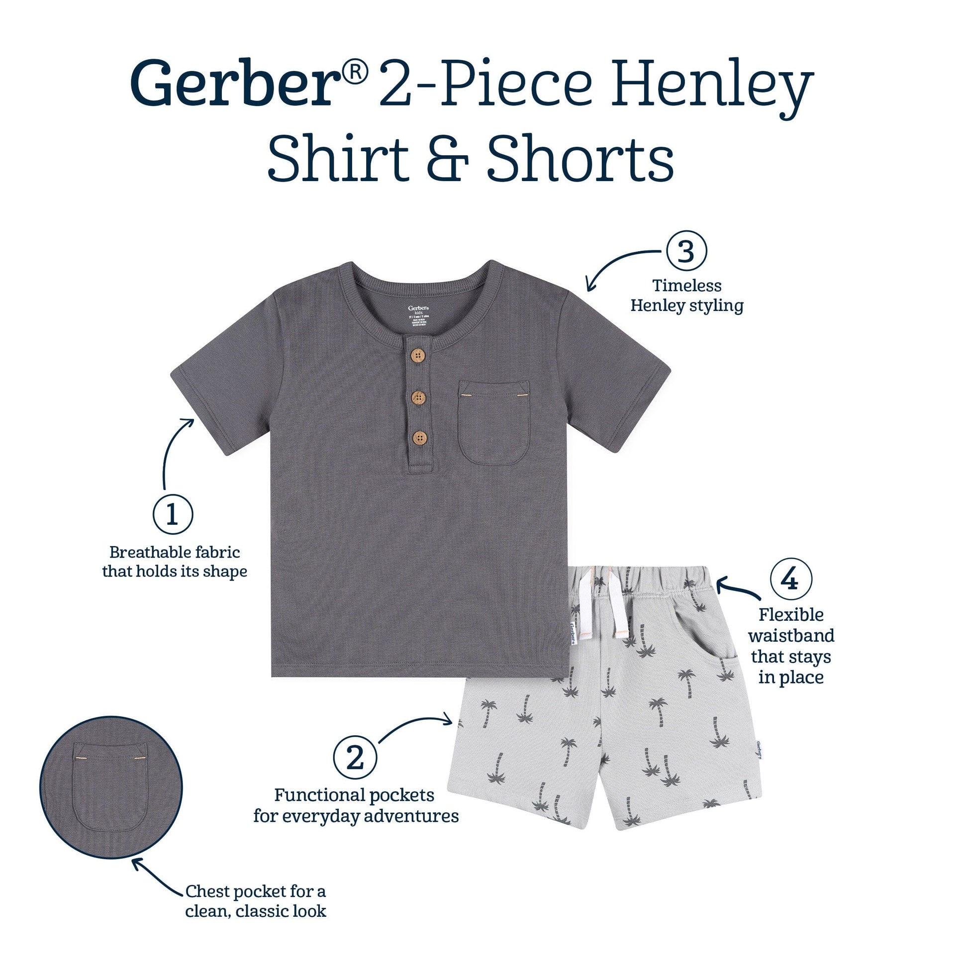 2-Piece Infant & Toddler Boys Grey Henley Top and Shorts Set outfits Gerber® 