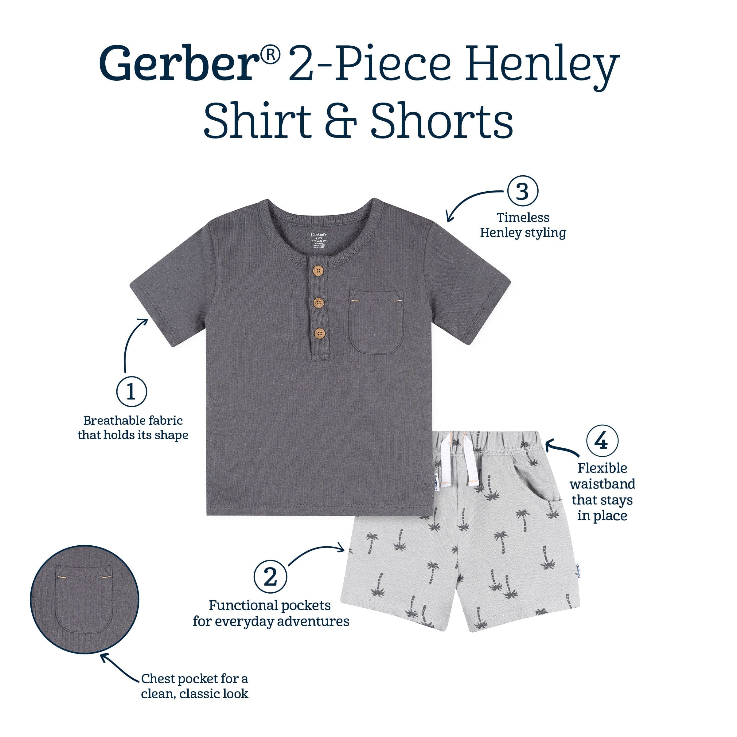 2-Piece Infant & Toddler Boys Grey Henley Top and Shorts Set outfits Gerber® 