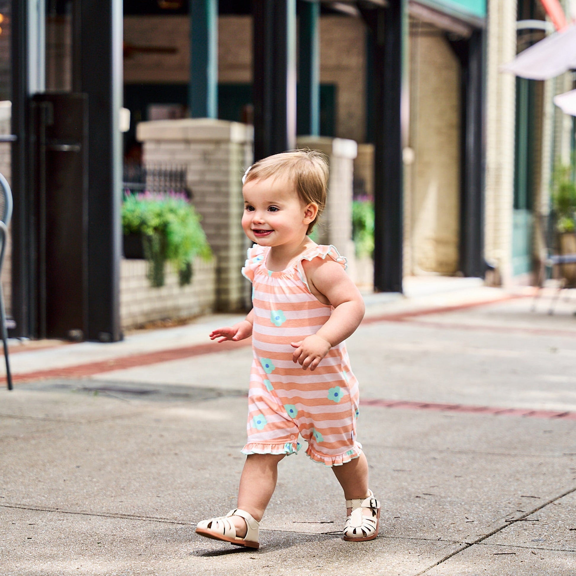 Baby Girls Pink Stripes Sleeveless Ruffle Romper rompers Gerber® 