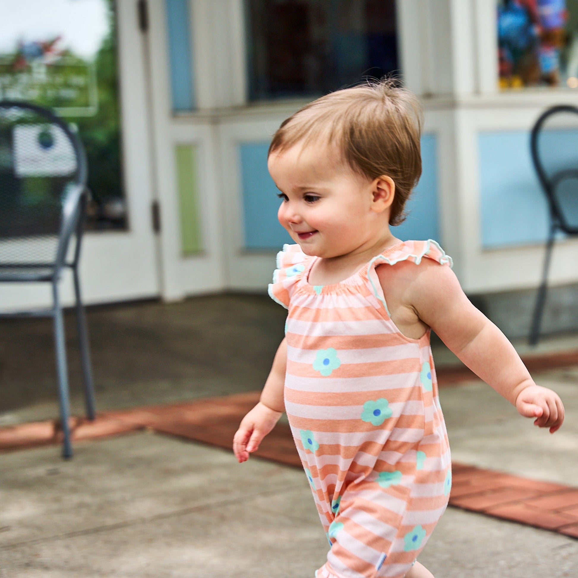 Baby Girls Pink Stripes Sleeveless Ruffle Romper rompers Gerber® 