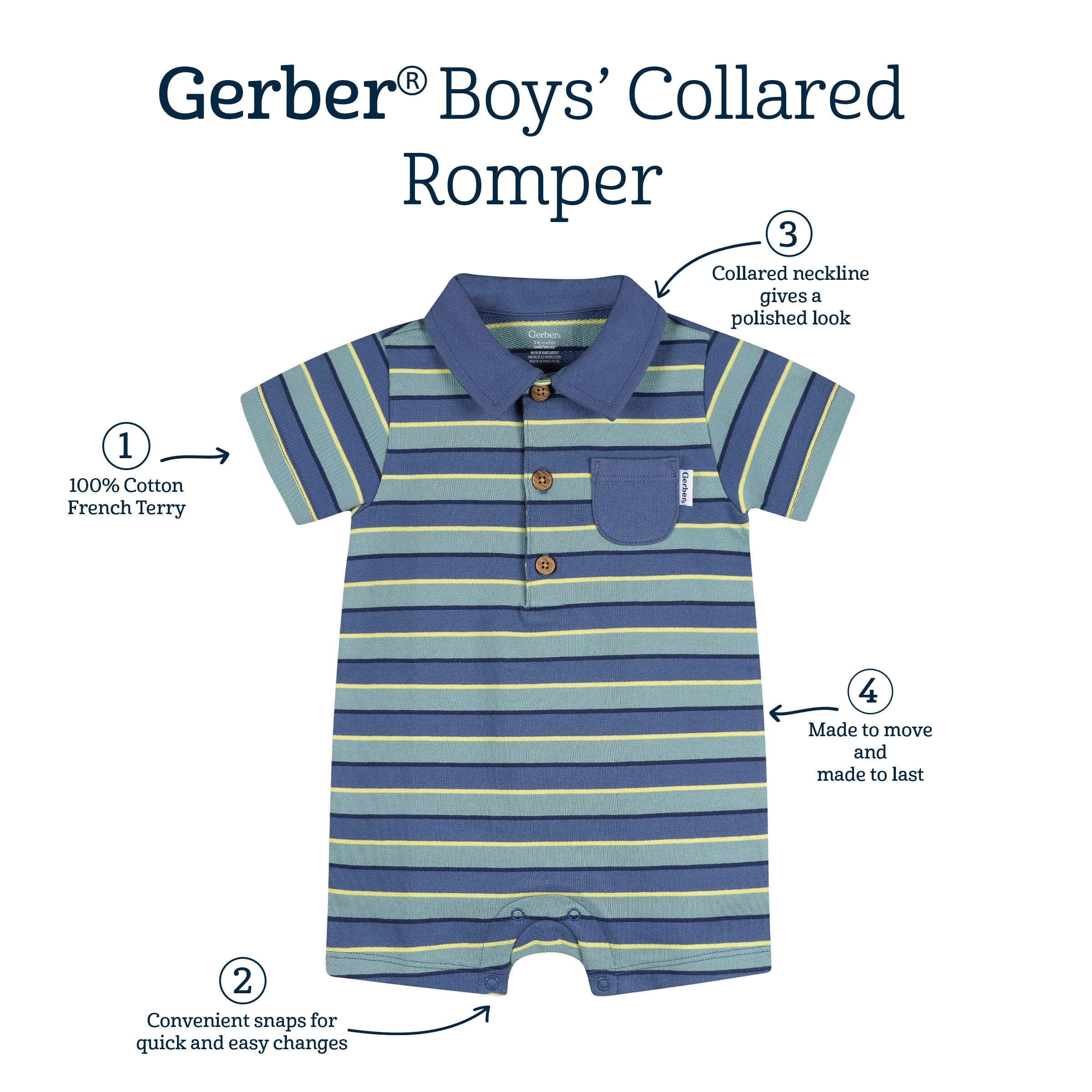 Baby Boys Blue & Green Collared Romper rompers Gerber® 