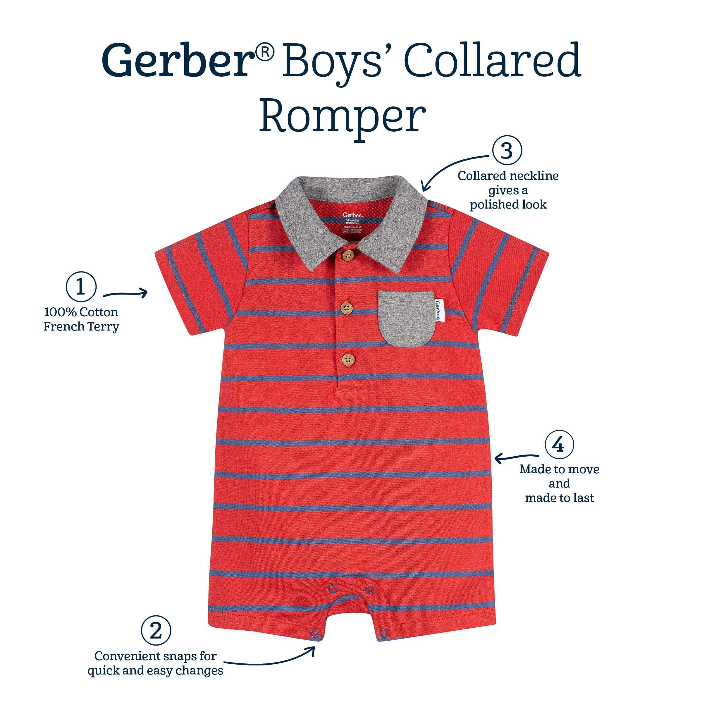 Baby Boys Red & Blue Collared Romper rompers Gerber® 