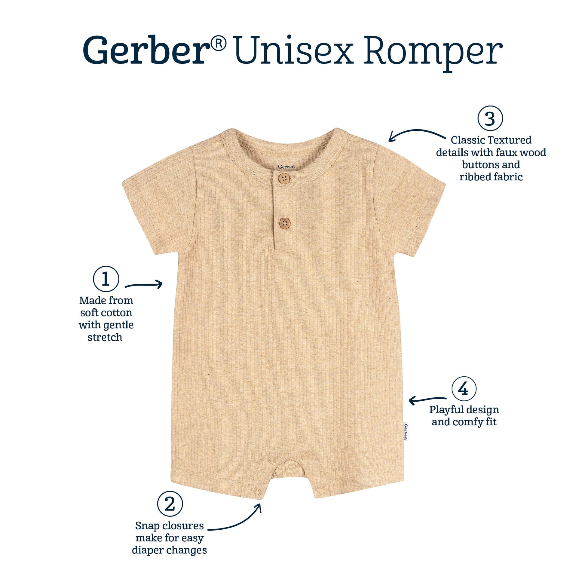 Baby Neutral Oatmeal Heather Short Sleeve Romper rompers Gerber® 