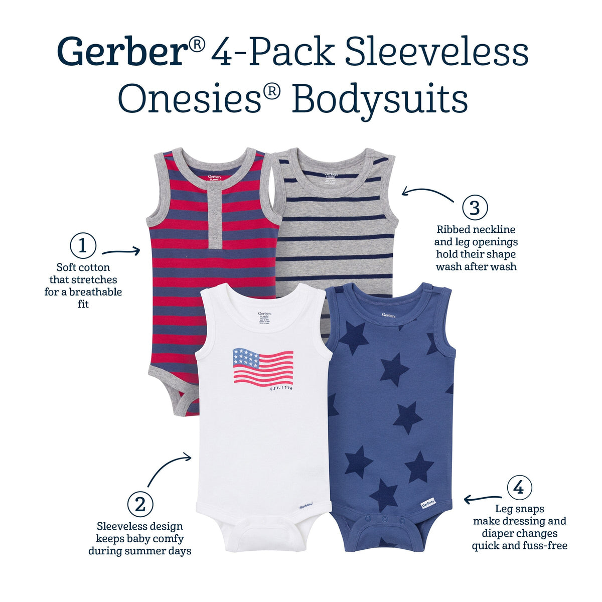 4-Pack Baby Boys Stars & Stripes Sleeveless Bodysuits onesies Gerber® 