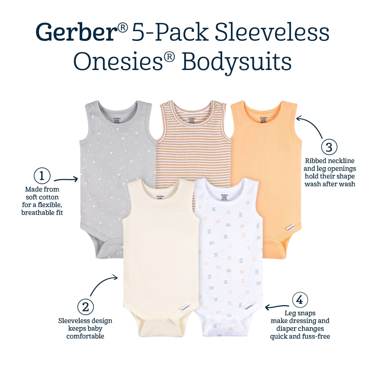 5-Pack Baby Neutral Earthy Neutrals Sleeveless Bodysuits onesies Gerber® 