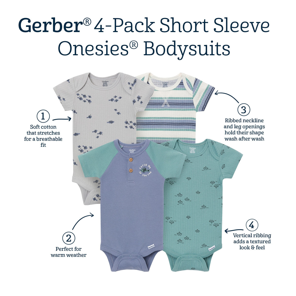 4-Pack Baby Boys Catch Me Fishing Short Sleeve Bodysuits onesies Gerber® 