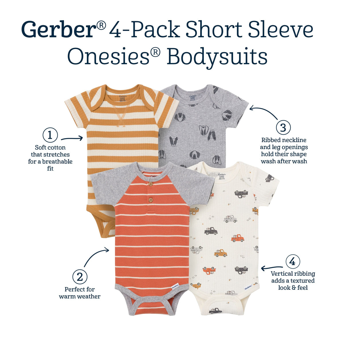 4-Pack Baby Boys Trucks & Dogs Short Sleeve Bodysuits onesies Gerber® 