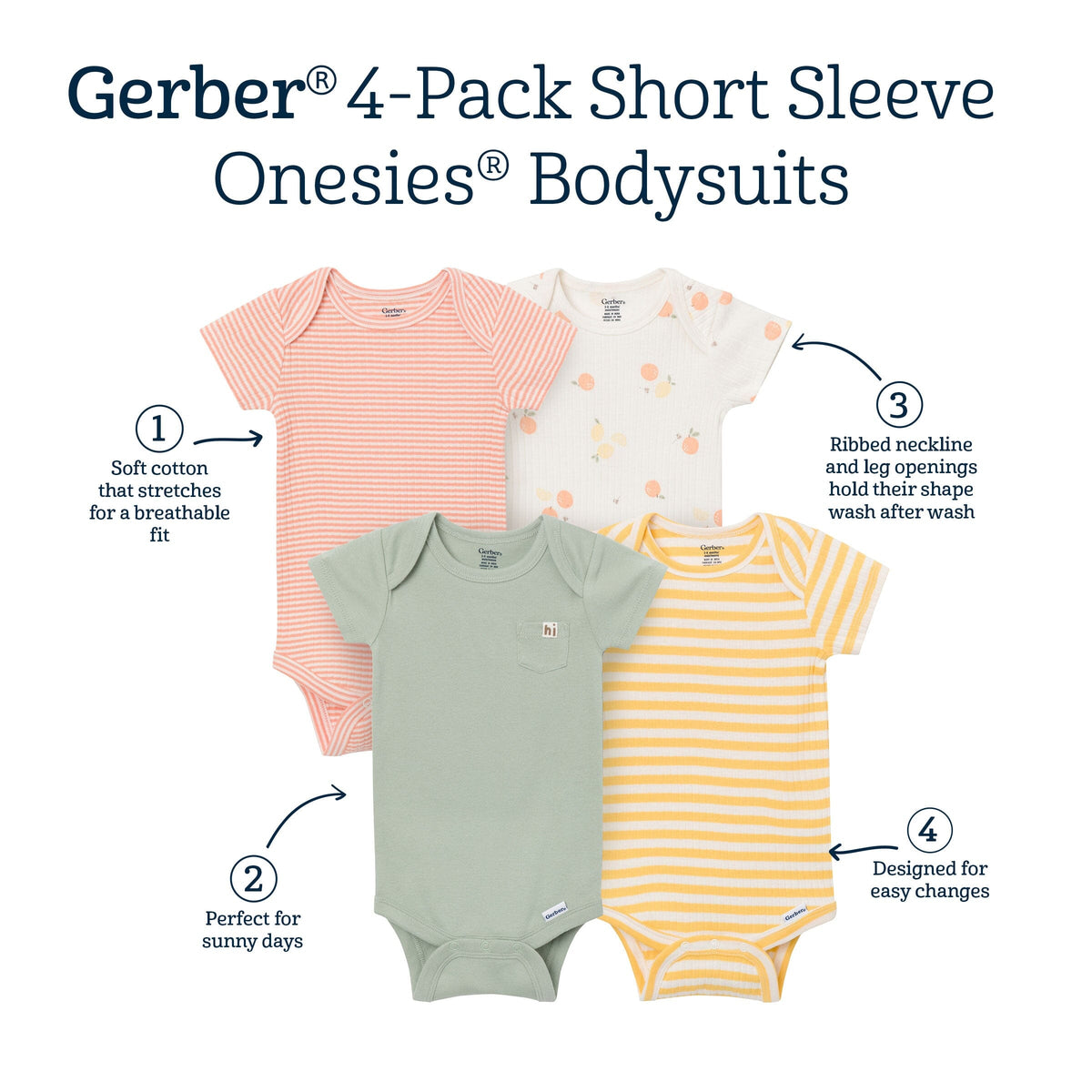 4-Pack Baby Neutral Fruit Picking Short Sleeve Bodysuits onesies Gerber® 