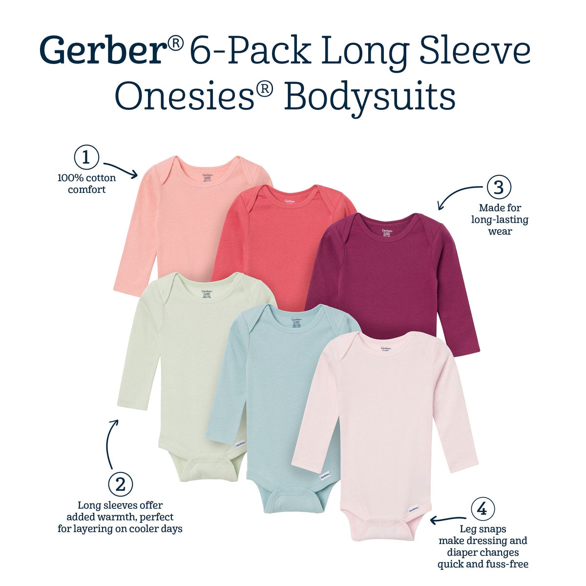 6-Pack Baby Girls Pink, Purple and Green Long Sleeve Bodysuits onesies Gerber® 
