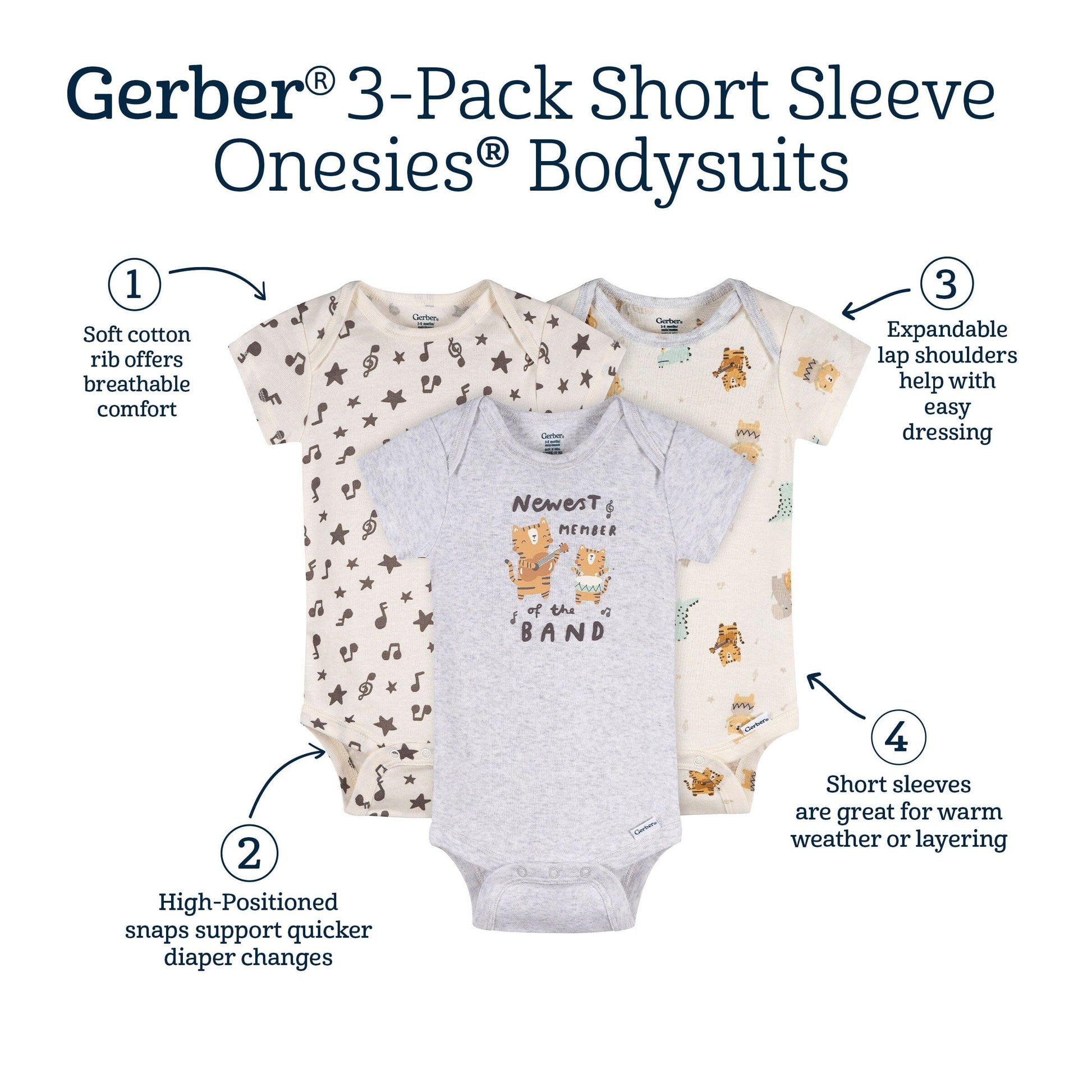 3-Pack Baby Neutral Newest Band Member Short Sleeve Onesies® Bodysuits onesies Gerber® 