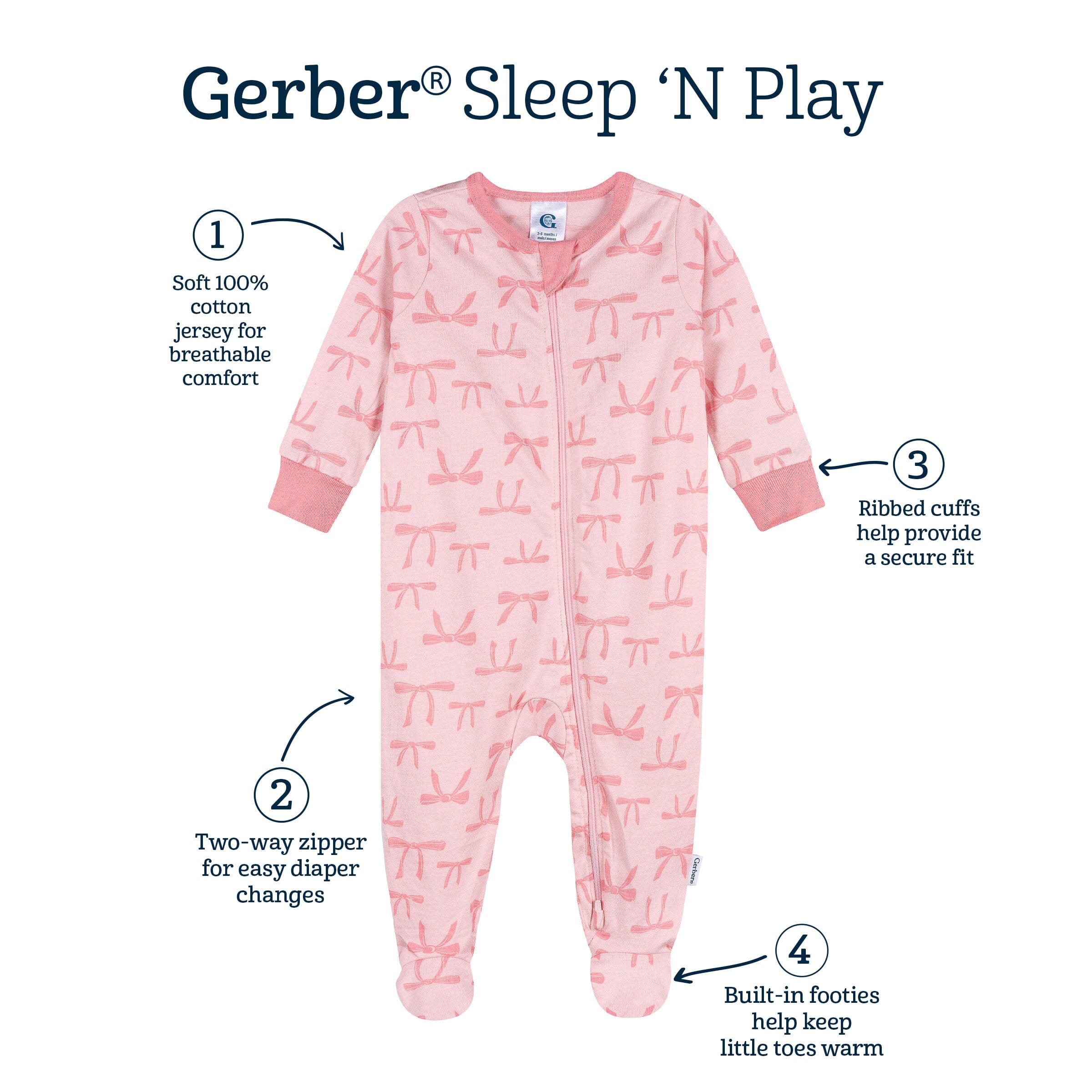 Baby Girls Pink Bows Sleep 'N Play sleepwear Gerber® 