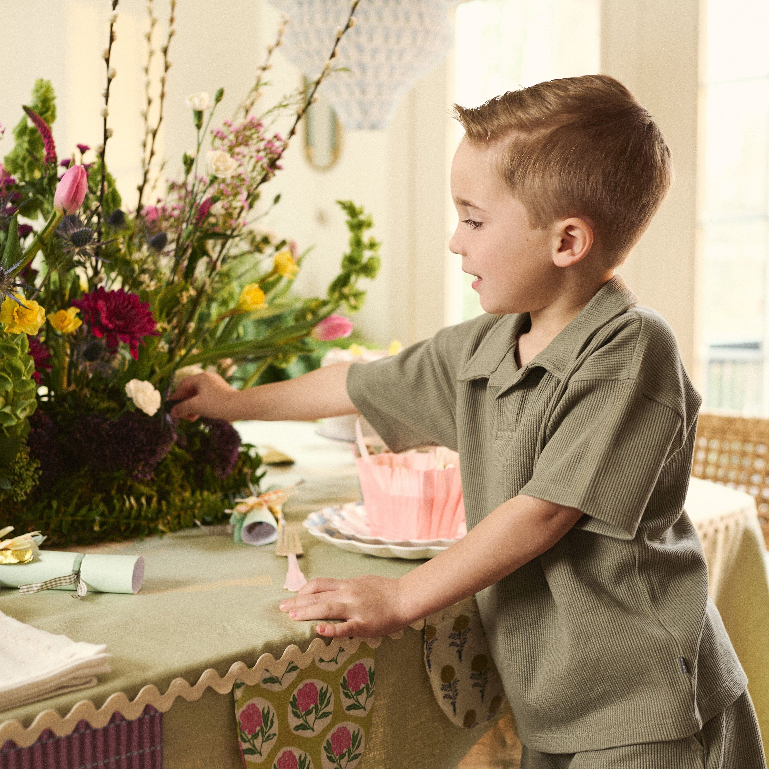 2-Piece Boys Muted Olive Johnny Collar Shirt and Shorts Set outfits modern moments™ by Gerber® 