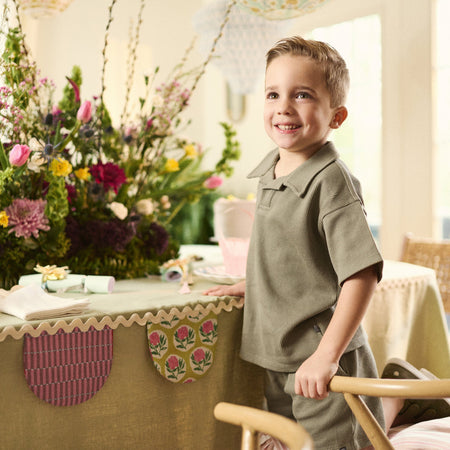 2-Piece Boys Muted Olive Johnny Collar Shirt and Shorts Set