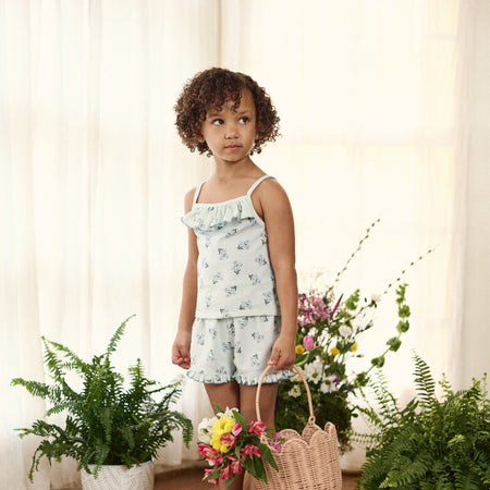 4-Piece Girls Blue Floral Tank Tops & Shorts Set