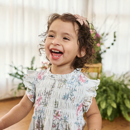 2-Piece Baby Girls Blue Floral Smocked Dress and Diaper Cover