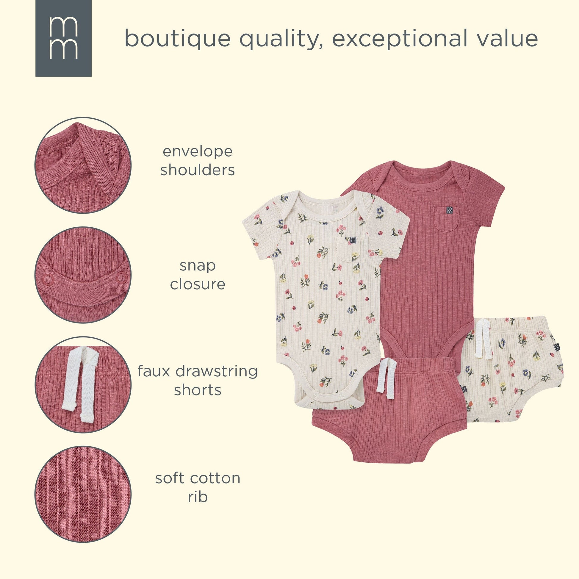 4-Piece Baby Girls Beige Garden Bodysuit and Shorties outfits modern moments™ by Gerber® 
