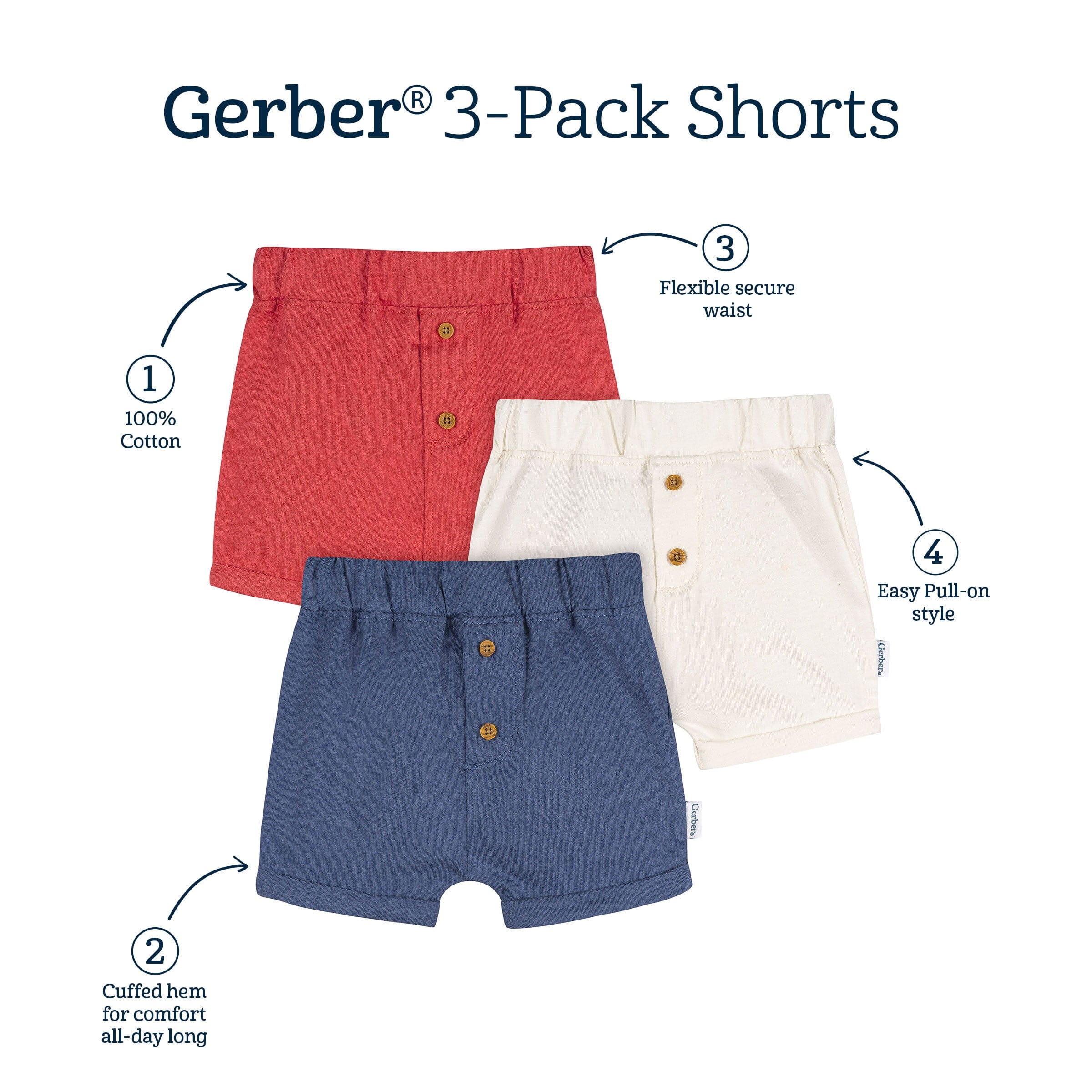 3-Pack Baby Boys Red, White & Blue Knit Shorts bottoms Gerber® 