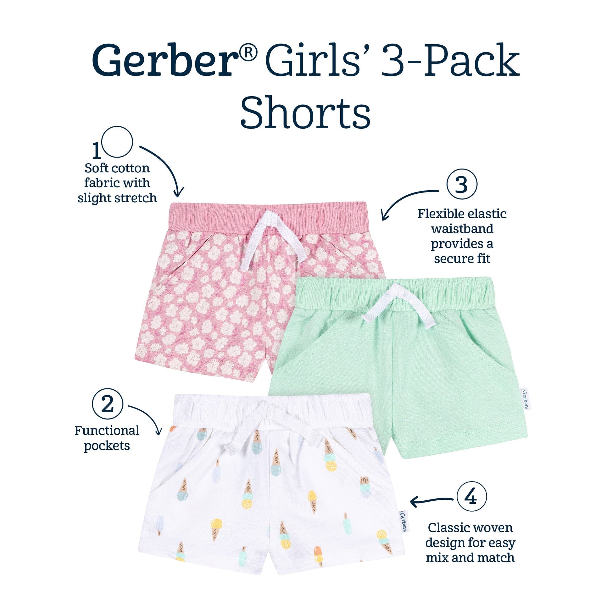 3-Piece Baby & Toddler Girls Ice Cream Knit Shorts bottoms Gerber® 