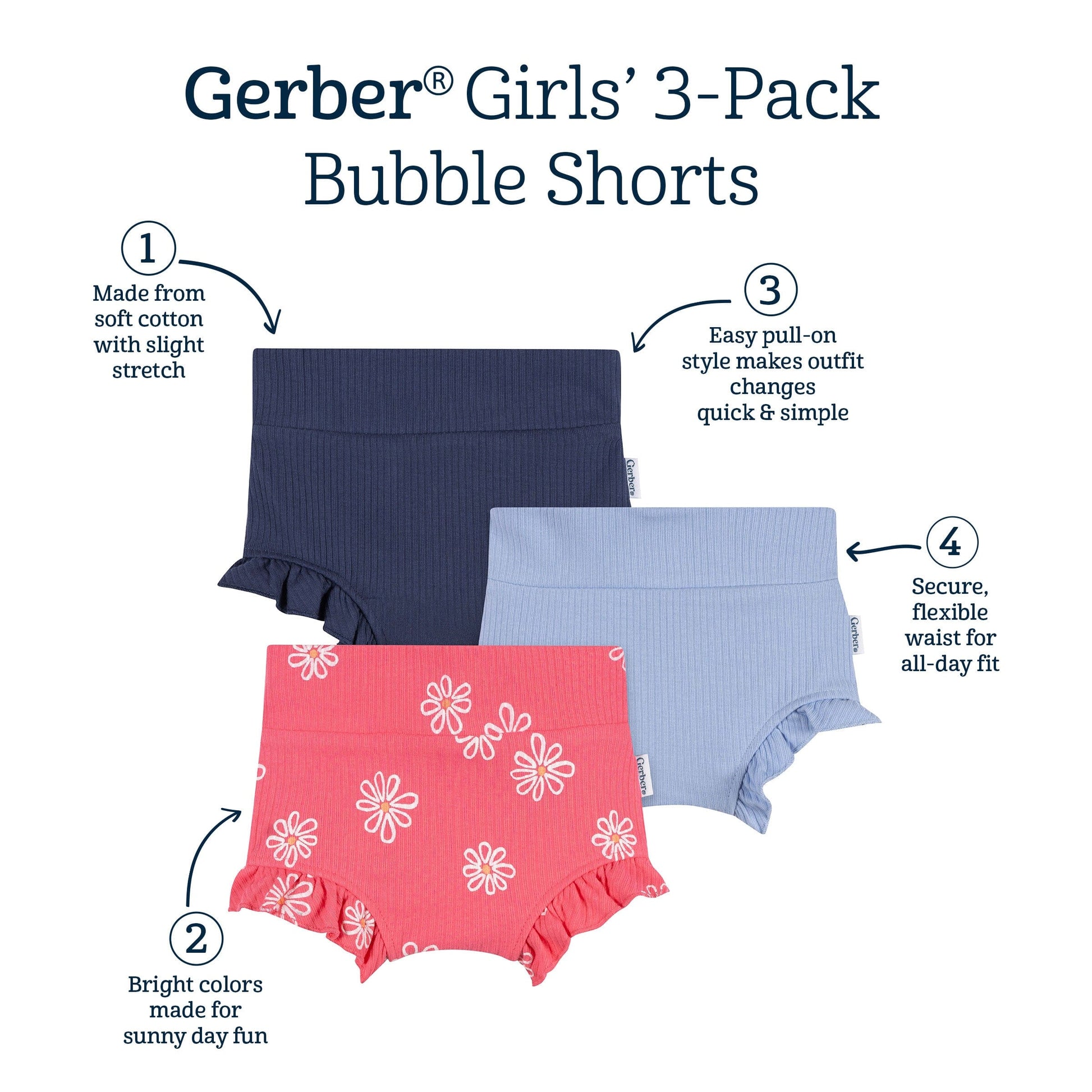 3-Pack Baby Girls Coral Floral Bubble Shorts bottoms Gerber® 