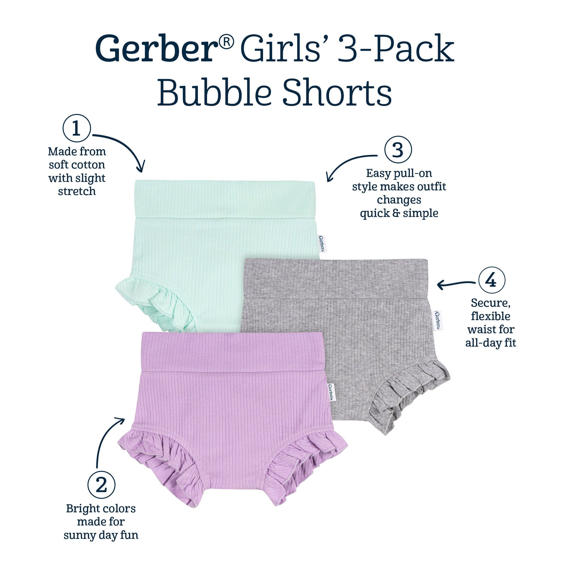 3-Pack Baby Girls Aqua, Gray & Purple Bubble Shorts bottoms Gerber® 