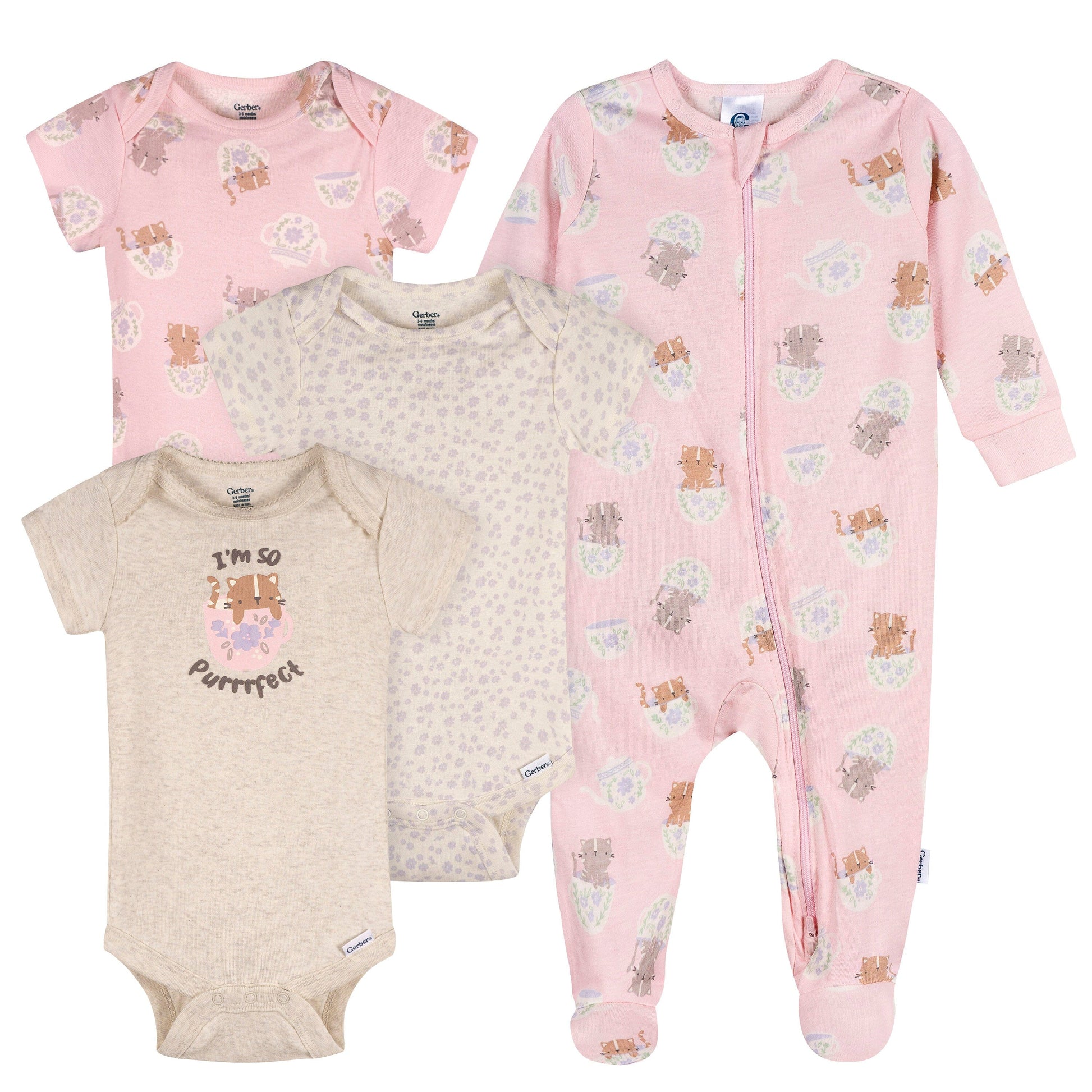 4-Pack Baby Girls Teacup Kittens Onesies® Bodysuits and Sleep 'N Play outfits Gerber® 