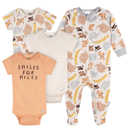 4-Pack Baby Neutral Safari Smiles Onesies® Bodysuits and Sleep 'N Play