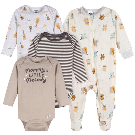 4-Pack Baby Neutral Musical Animals Long Sleeve Onesies® Bodysuits and Sleep 'N Play